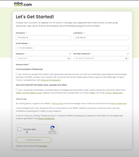 Create an mba.com account